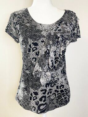 Relativity Black White Animal Floral Print Ruffle Top Blouse Plus Size PL